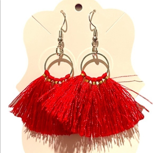 Handmade red tassel gold thread detail silver stainless steel hook boho earrings